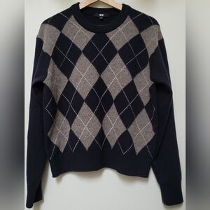 Uniqlo Premium Lambswool Long Sleeve Crewneck Argyle Sweater, Navy/Taupe/White